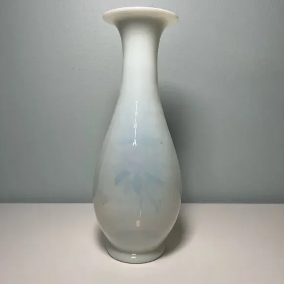 Vintage 40s White Opaline Glass Hand Painted Vase Blown Art Glass Floral - Picture 3 of 12